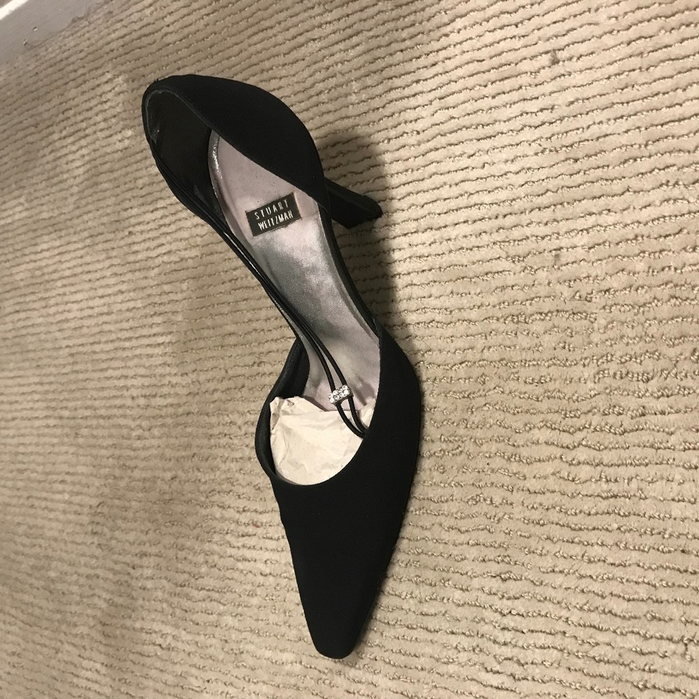 Stuart Weitzman black fabric heels, jewel on strap